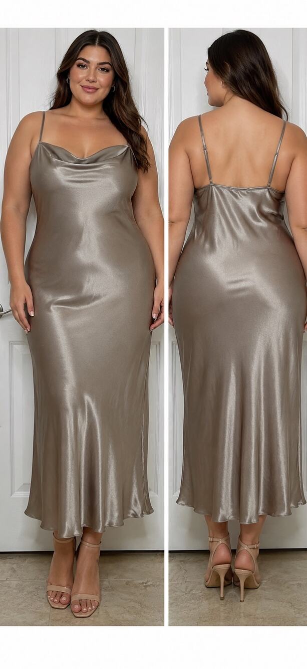 Bebe NWT Metallic Taupe Tan Satin Slip Maxi Dress Size Large